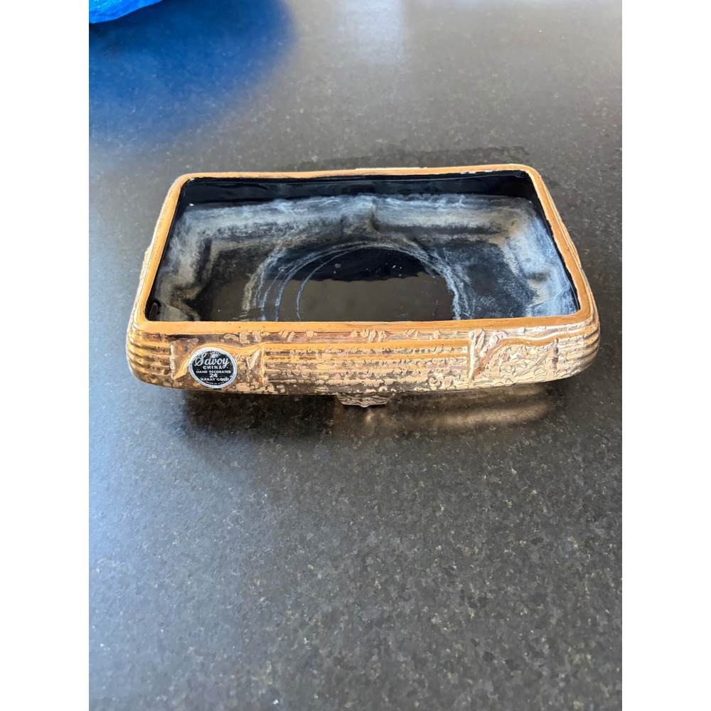 Savoy China Vintage 24K Gold Hand Decorated Black Rectangular Ashtray USA
